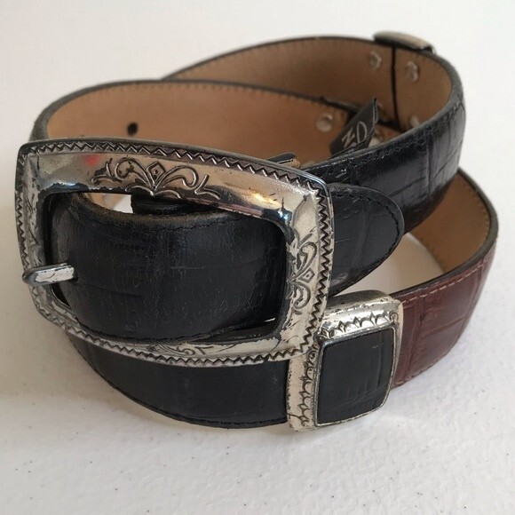 Vintage Brighton Two Tone Black Brown Leather Croc Embossed Belt Women Small - Picture 1 of 12